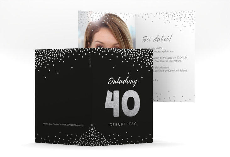 Einladung 40. Geburtstag Glitzer A6 Klappkarte hoch grau hochglanz