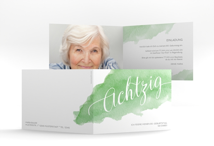 Einladung 80. Geburtstag Aquarell A6 Klappkarte quer gruen