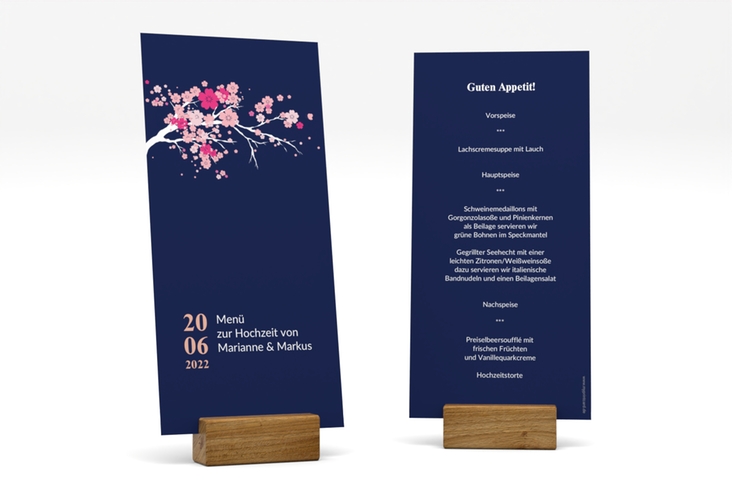 Menükarte Hochzeit Sakura lange Karte hoch blau