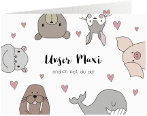 Geburtskarte Tierbande A6 Klappkarte quer weiss