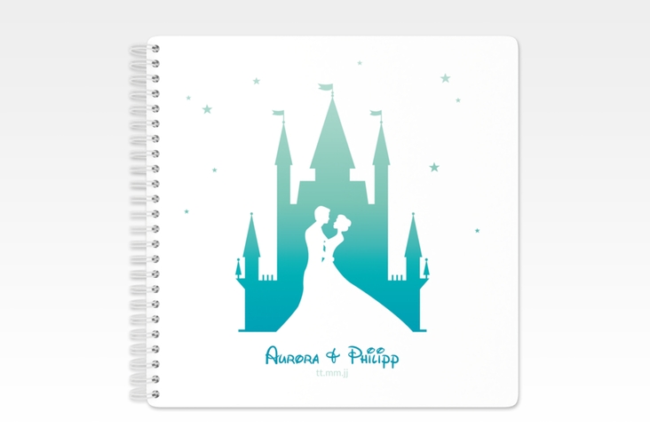 Gästebuch Hochzeit Castle Ringbindung tuerkis mit Silhouette von Märchenschloss mit Prinz und Prinzessin