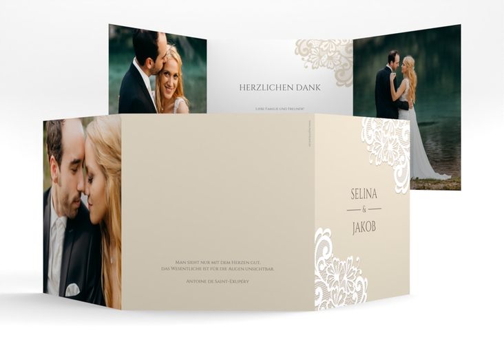 Dankeskarte Hochzeit Vintage quadr. Doppel-Klappkarte hochglanz mit floraler Spitze