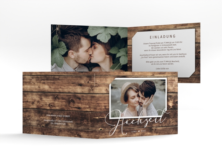 Hochzeitseinladung Rustic A6 Klappkarte quer hochglanz in Holz-Optik mit Foto