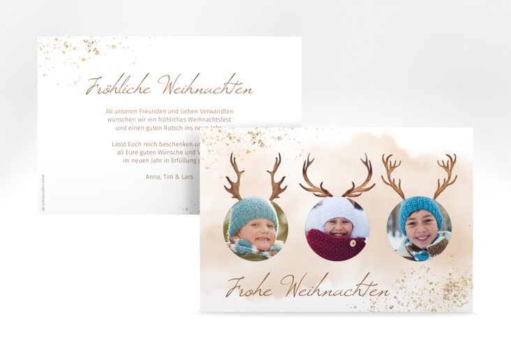 Weihnachtskarte Rentierbande A6 Karte quer beige hochglanz für Weihnachtsgrüße mit Familienfoto
