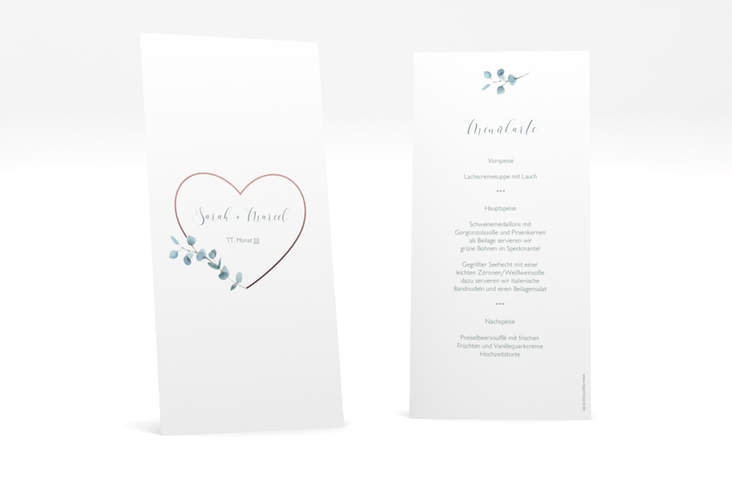 Menükarte Hochzeit Greenheart lange Karte hoch rosa mit elegantem Herz und Eukalyptus-Zweig