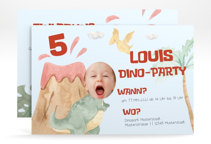 Einladungskarte Kindergeburtstag Dinoparty A6 Karte quer lustig mit T-Rex und Foto