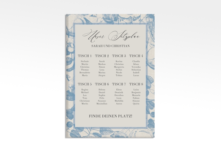 Sitzplan Leinwand Hochzeit Toile 50 x 70 cm Leinwand blau mit Blättermuster im Toile-de-Jouy-Stil