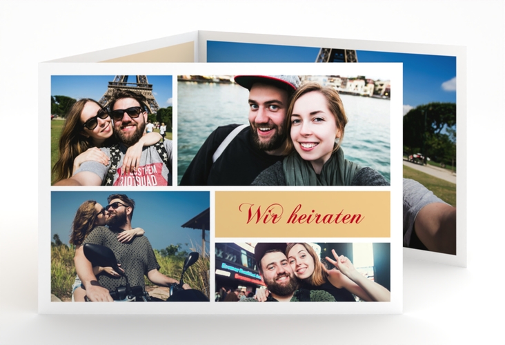 Hochzeitseinladung Collage A6 Doppel-Klappkarte apricot