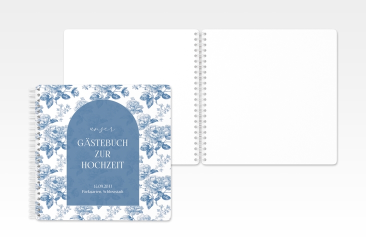 Gästebuch Hochzeit Blue Floral Ringbindung blau mit blauem Blumenmuster auf weißem Grund