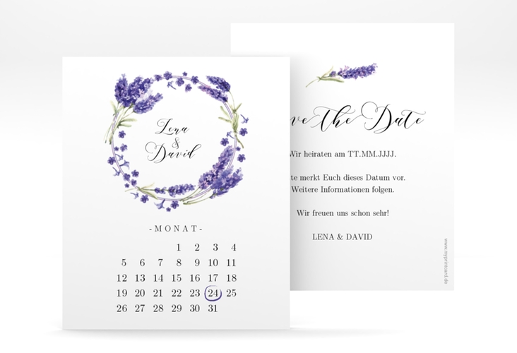Save the Date-Kalenderblatt Lavendel Kalenderblatt-Karte weiss hochglanz