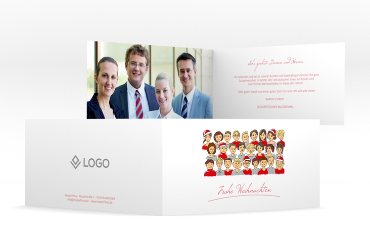 Business-Weihnachtskarte Team lange Klappkarte quer rot und weiß mit gezeichnetem Mitarbeiter-Team