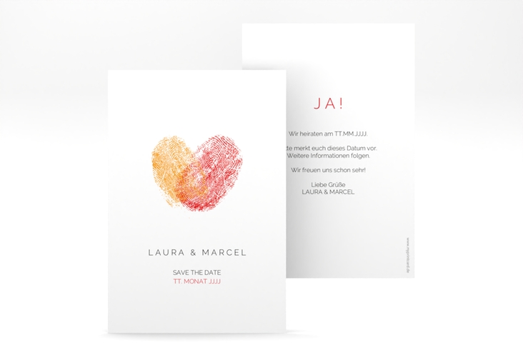Save the Date-Karte Fingerprint A6 Karte hoch rot schlicht mit Fingerabdruck-Motiv