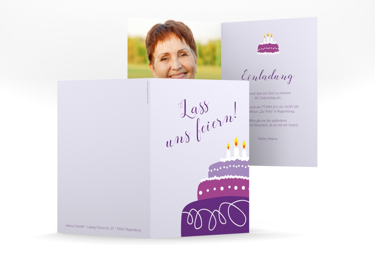 Einladung 60. Geburtstag Cake A6 Klappkarte hoch flieder hochglanz
