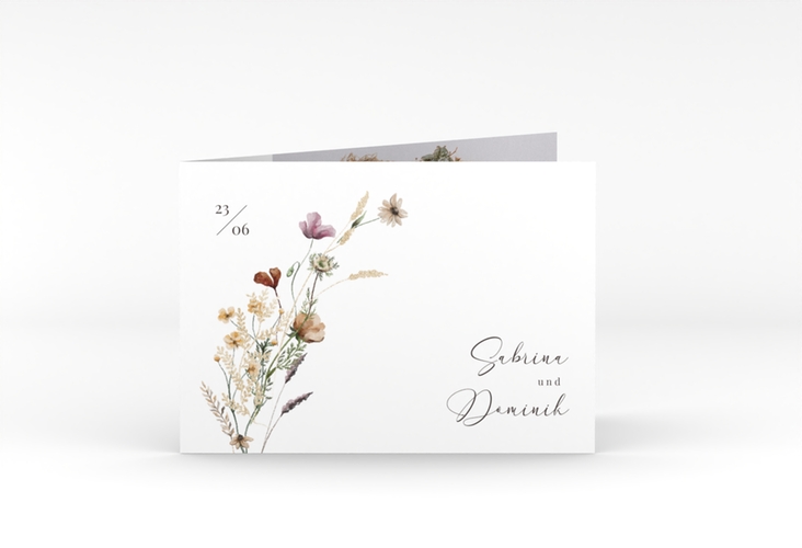 Danksagungskarte Hochzeit Sauvages A6 Klappkarte quer mit getrockneten Wiesenblumen