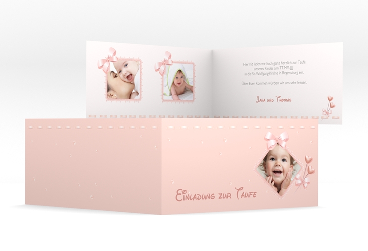 Einladungskarte Taufe Ribbon lange Klappkarte quer rosa