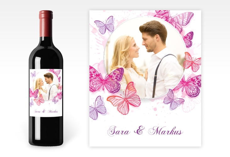 Weinetikett zur Hochzeit Schmetterlinge Etikett Weinflasche 4er Set pink