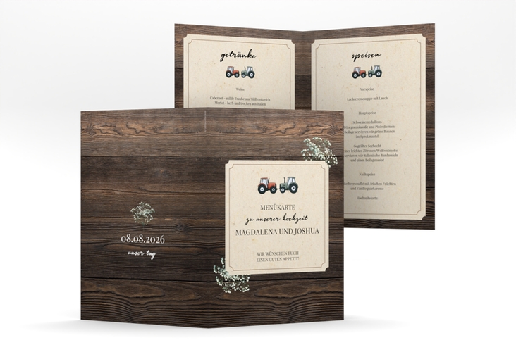Menükarte Hochzeit Bauernhochzeit A5 Klappkarte hoch in rustikaler Holz-Optik mit Schleierkraut und zwei kleinen Traktoren