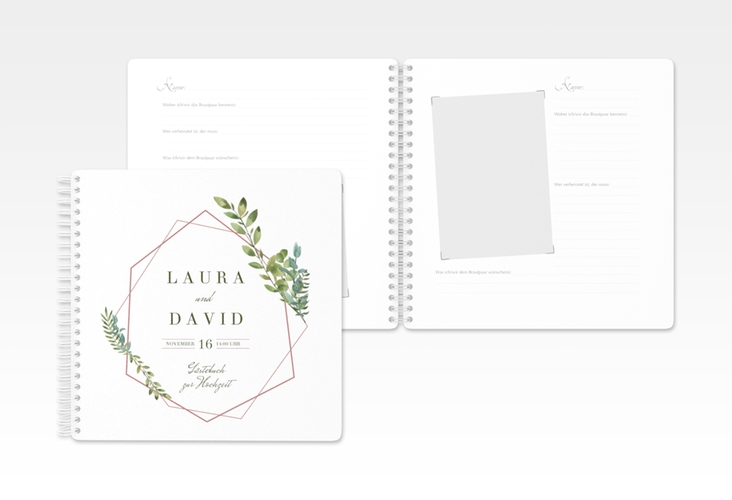 Gästebuch Hochzeit Herbarium Ringbindung rosa mit geometrischem Rahmen und Blätter-Dekor