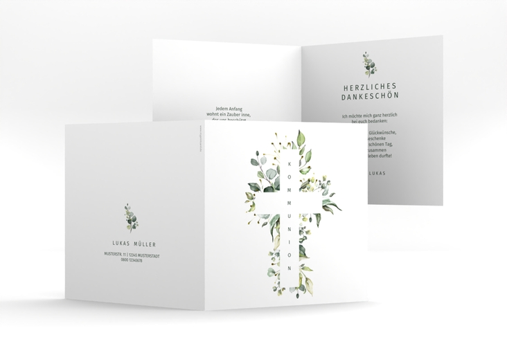 Danksagungskarte Kommunion Verdant quadr. Klappkarte weiss hochglanz