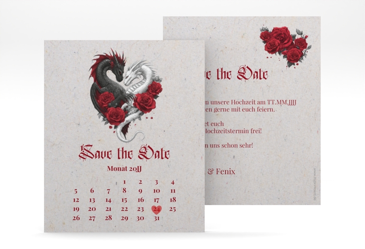Save the Date-Kalenderblatt Drachenliebe Kalenderblatt-Karte grau hochglanz mit Folie