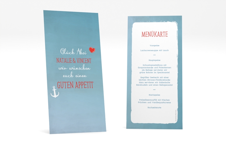 Menükarte Hochzeit Ehehafen lange Karte hoch blau