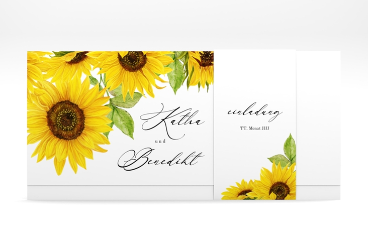 Hochzeitseinladung Sonnenblume Wickelfalzkarte + Banderole weiss