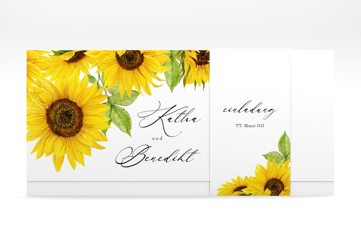 Hochzeitseinladung Sonnenblume Wickelfalzkarte + Banderole weiss