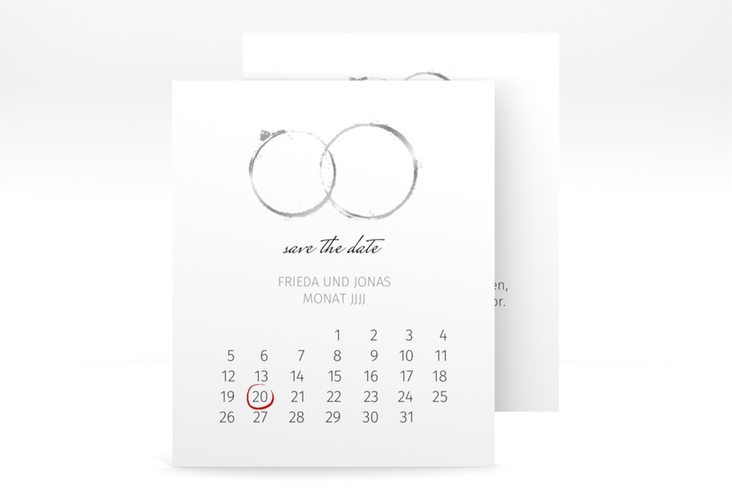 Save the Date-Kalenderblatt Trauringe Kalenderblatt-Karte grau hochglanz minimalistisch gestaltet mit zwei Eheringen