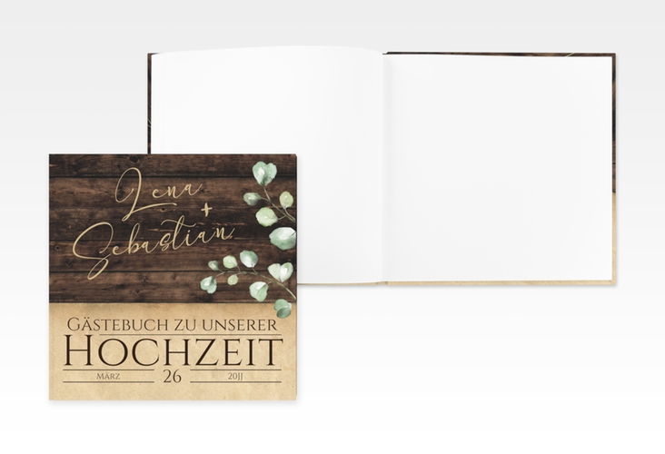 Gästebuch Creation Landhaus 20 x 20 cm, Hardcover braun in Holz-Optik mit Eukalyptus