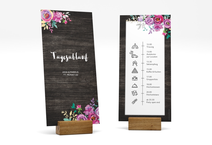 Tagesablauf Hochzeit Flourish lange Karte hoch schwarz mit floraler Bauernmalerei auf Holz