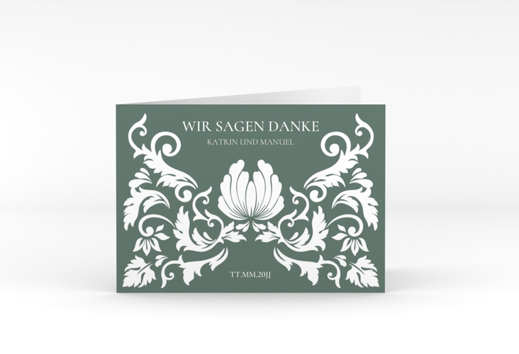 Danksagungskarte Hochzeit Royal A6 Klappkarte quer gruen hochglanz mit barockem Blumen-Ornament