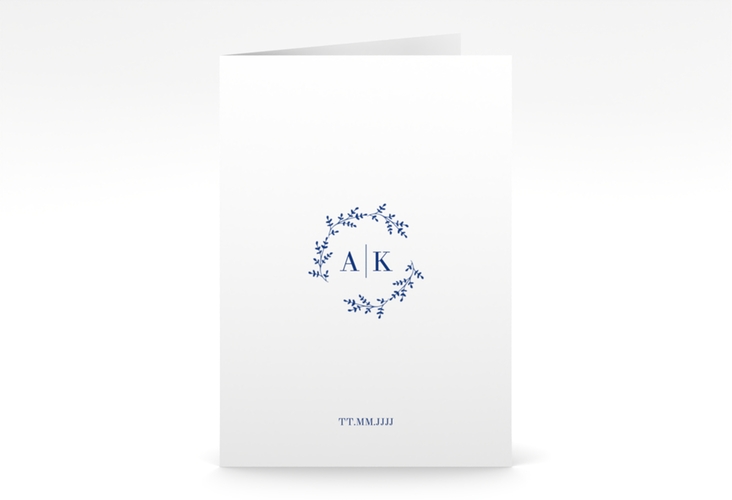 Einladungskarte Hochzeit Filigrana A6 Klappkarte hoch blau hochglanz in reduziertem Design mit Initialen und zartem Blätterkranz