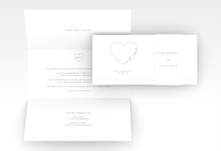 Hochzeitseinladung Lebenstraum Wickelfalzkarte + Banderole weiss
