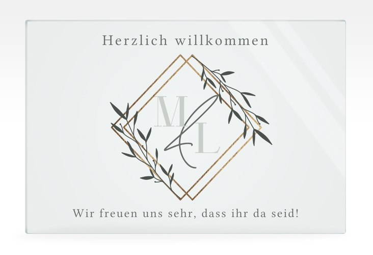 Willkommensschild Acryl Greenletter 60 x 40 cm Acryl gruen mit Initialen in elegantem Goldrahmen mit Blättern