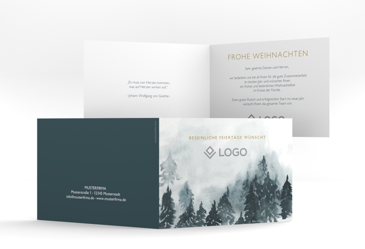 Geschäftliche Weihnachtskarte Winterland A6 Klappkarte quer blau mit Tannenwald im Aquarell-Stil
