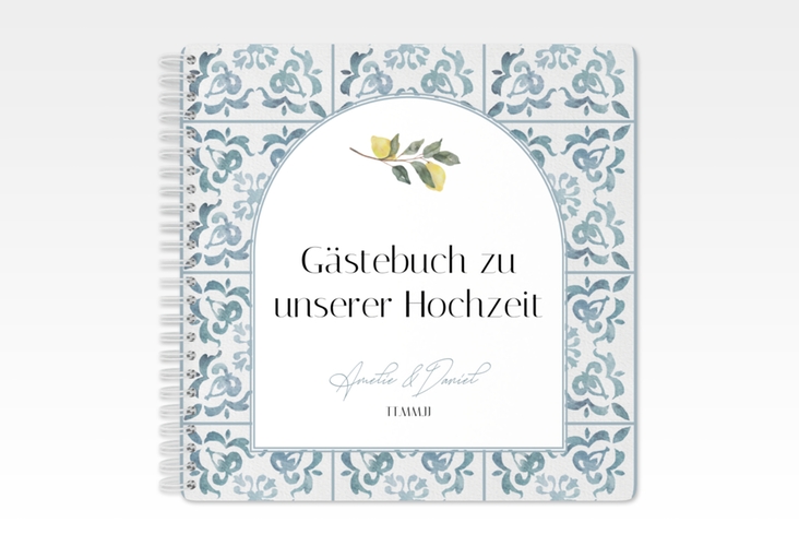 Gästebuch Hochzeit Azulejo Ringbindung blau mit mediterranem Azulejo-Muster und Zitronen