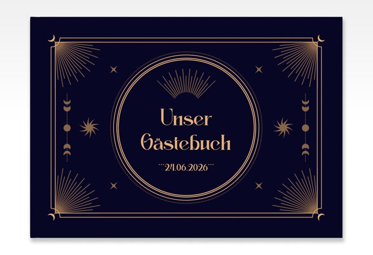 Gästebuch A4 quer Astro A4 quer, Hardcover blau mit Sonne, Mondphasen und Sternen