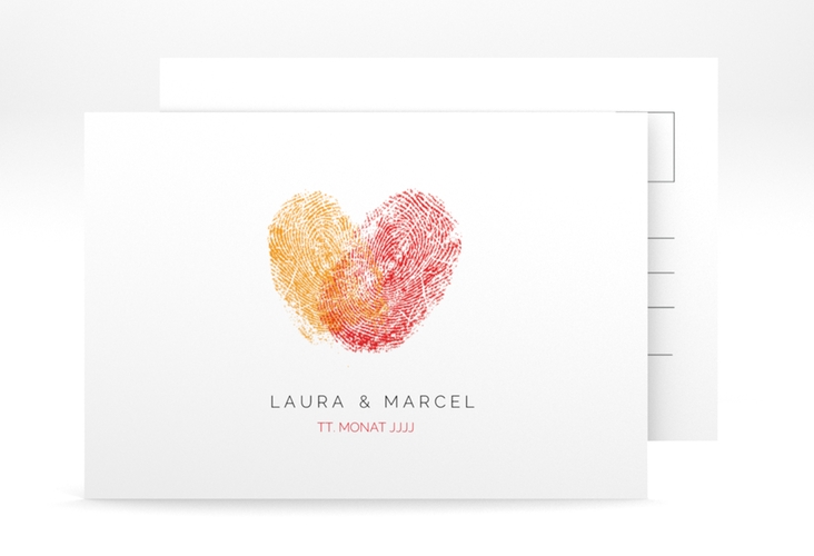 Verlobungskarte Hochzeit Fingerprint A6 Postkarte rot schlicht mit Fingerabdruck-Motiv