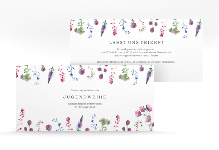 Einladung Jugendweihe Sommerwiese lange Karte quer mit violetten Aquarell-Blümchen