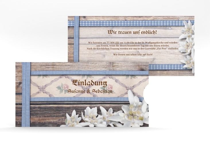 Einladungskarte Hochzeit Bayern Einsteckkarte blau mit Edelweiß in rustikaler Holz-Optik