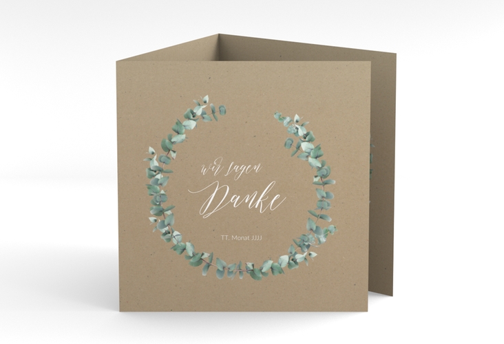 Danksagungskarte Hochzeit Silverleaf quadr. Doppel-Klappkarte Kraftpapier mit Eukalyptus-Zweig
