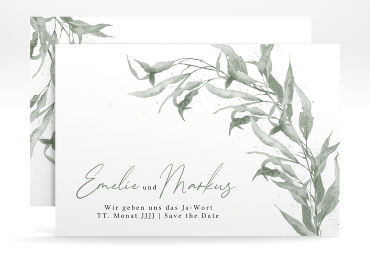 Save the Date-Karte Eucalyptus Green A6 Karte quer weiss hochglanz