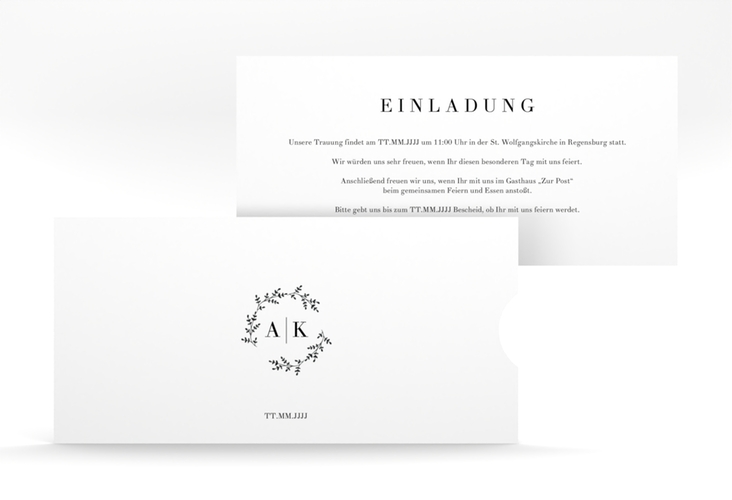 Hochzeitseinladung Filigrana Einsteckkarte schwarz hochglanz in reduziertem Design mit Initialen und zartem Blätterkranz