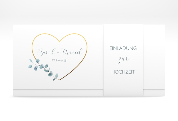 Hochzeitseinladung Greenheart Wickelfalzkarte + Banderole mit elegantem Herz und Eukalyptus-Zweig