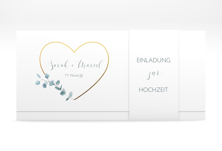Hochzeitseinladung "Greenheart" Wickelfalzkarte + Banderole gold mit elegantem Herz und Eukalyptus-Zweig