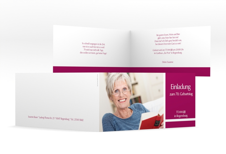 Einladung 70. Geburtstag Gerd/Gerda lange Klappkarte quer pink mit Foto