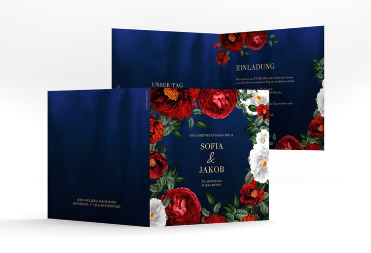Einladungskarte Hochzeit Florista quadr. Klappkarte blau hochglanz