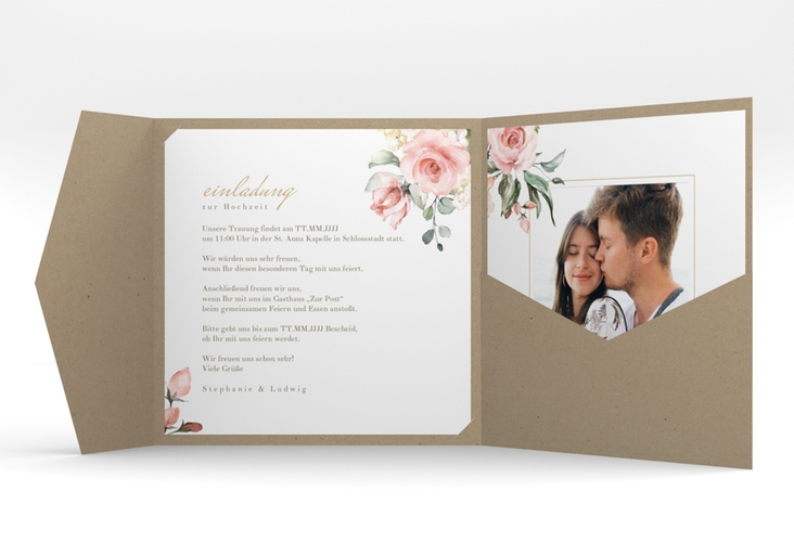 Hochzeitseinladung Graceful Pocketfold Kraftpapier hochglanz mit Rosenblüten in Rosa und Weiß