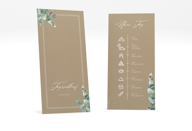 Tagesablauf Hochzeit Eucalypt lange Karte hoch Kraftpapier mit Eukalyptus und edlem Rahmen