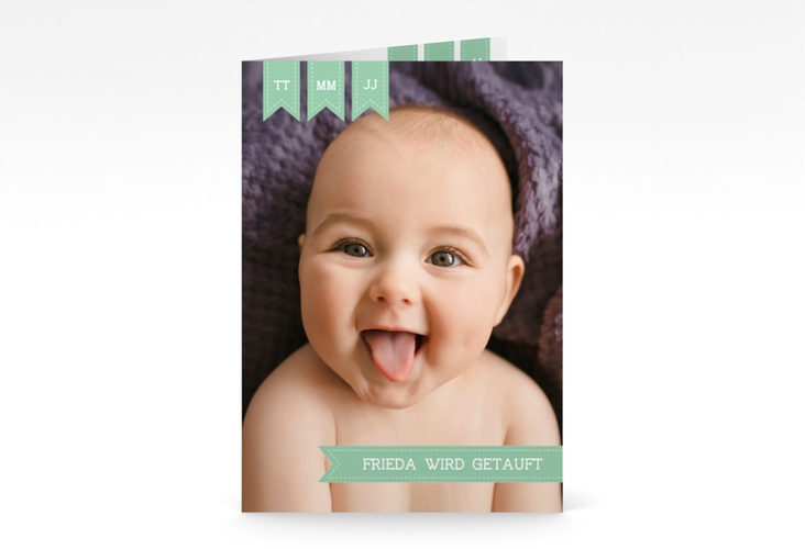 Einladungskarte Taufe Trust A6 Klappkarte hoch gruen mit Baby-Foto